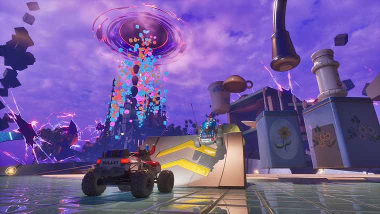 A red RC car with a spinning brush attachment and a blue car looking at a nested cardboard box tunnel in a dark room