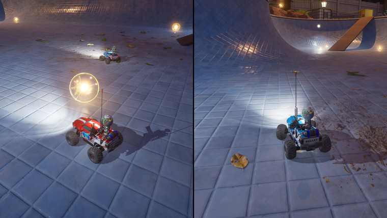 Two RC cars on a metal grate walkway inside a blue-lit laboratory with a large rotating device overhead